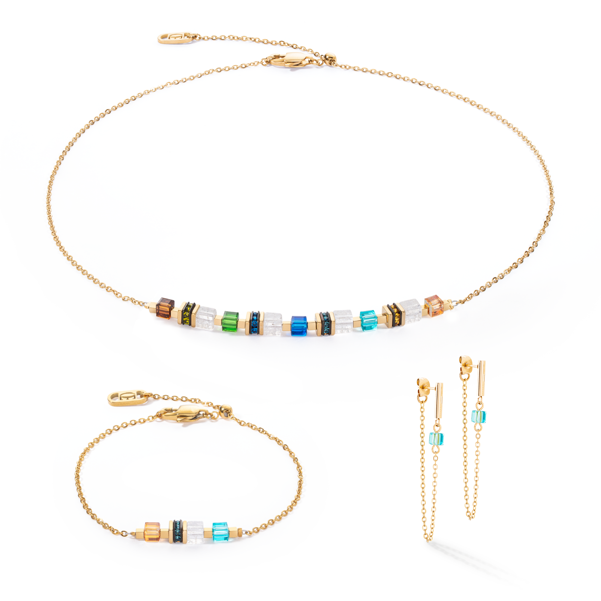 Boucles d'oreilles Mini Cubes & Chain or-multicolore