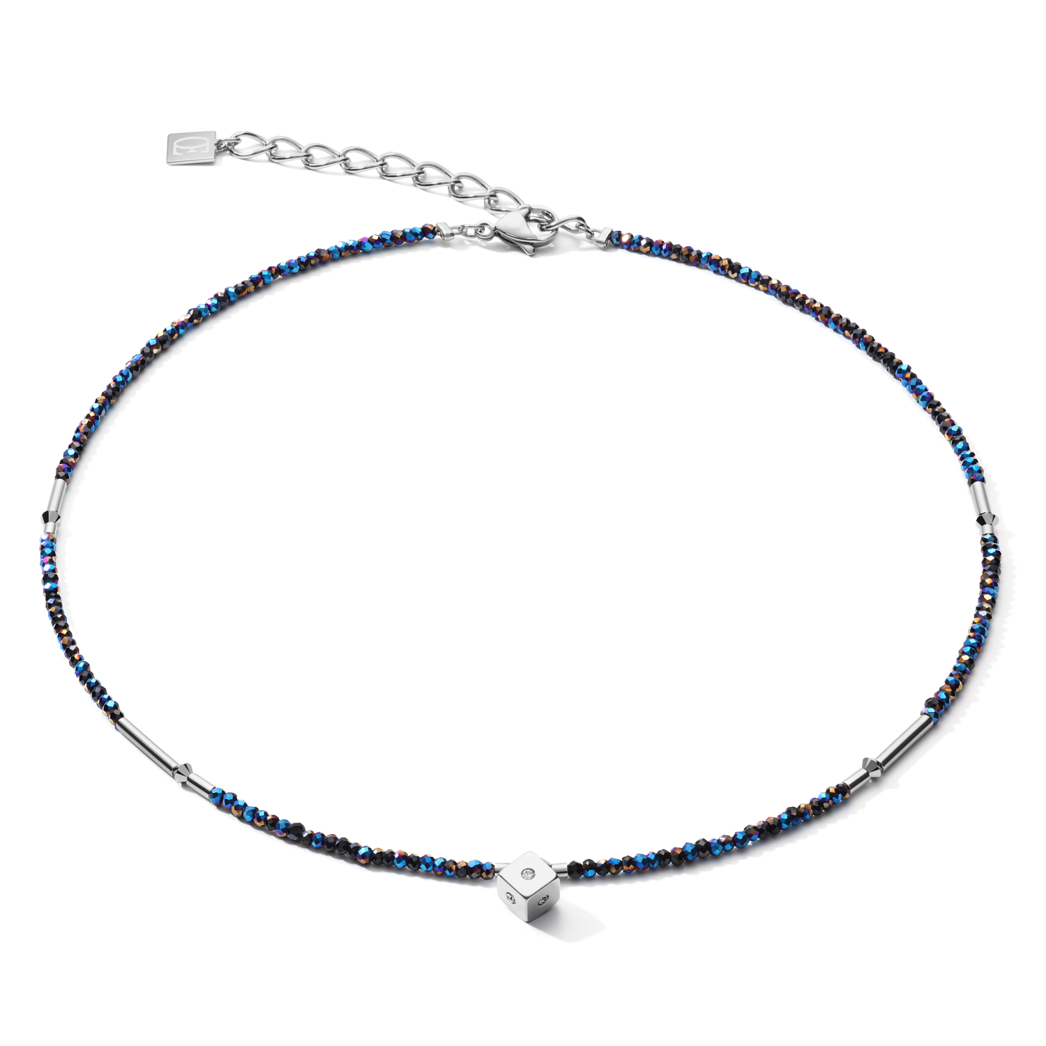 Collier Cube Crystal Dot acier inoxydable et verre de cristal bleu nuit-argenté