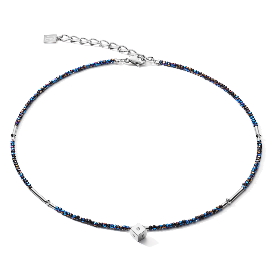 Collier Cube Crystal Dot acier inoxydable et verre de cristal bleu nuit-argenté
