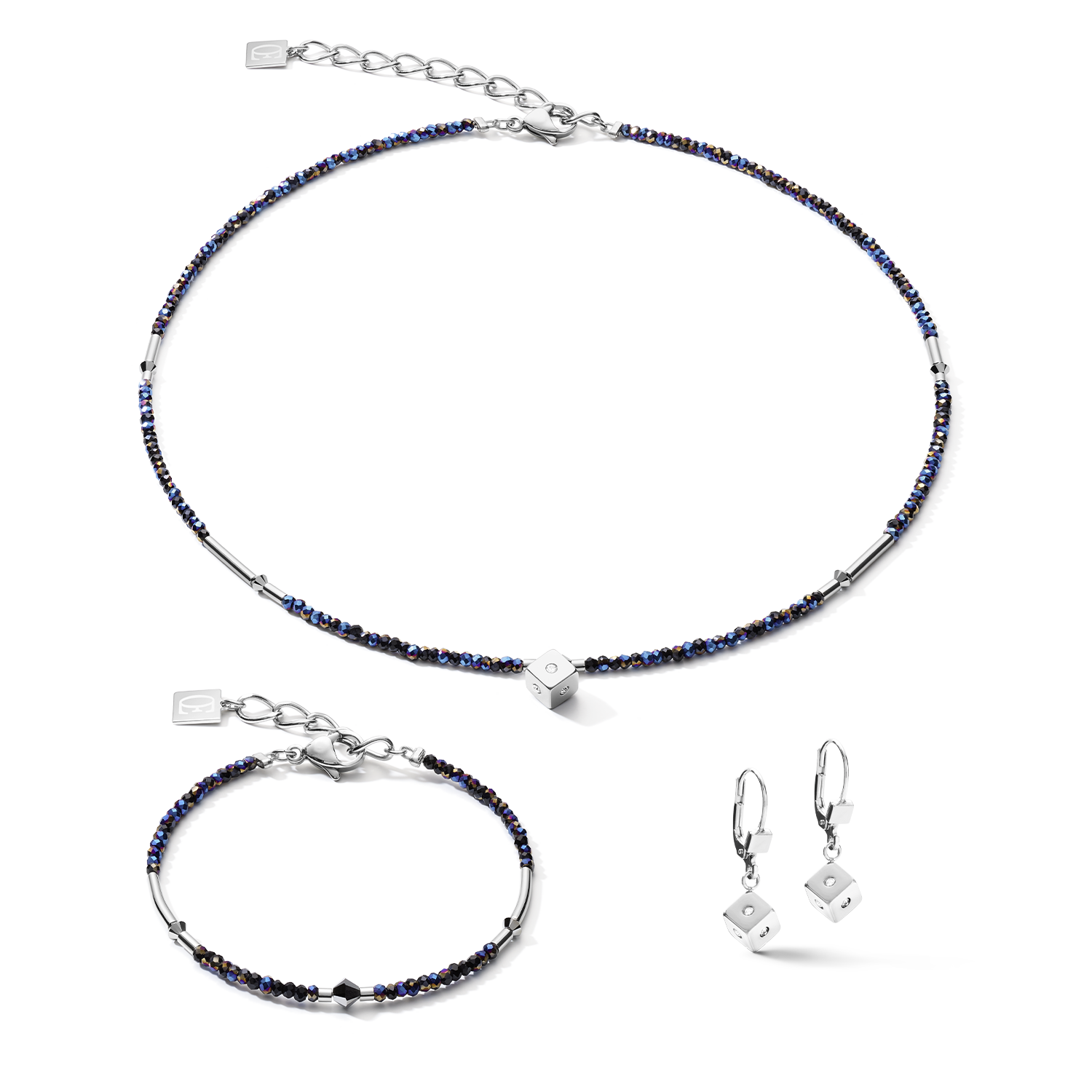 Collier Cube Crystal Dot acier inoxydable et verre de cristal bleu nuit-argenté