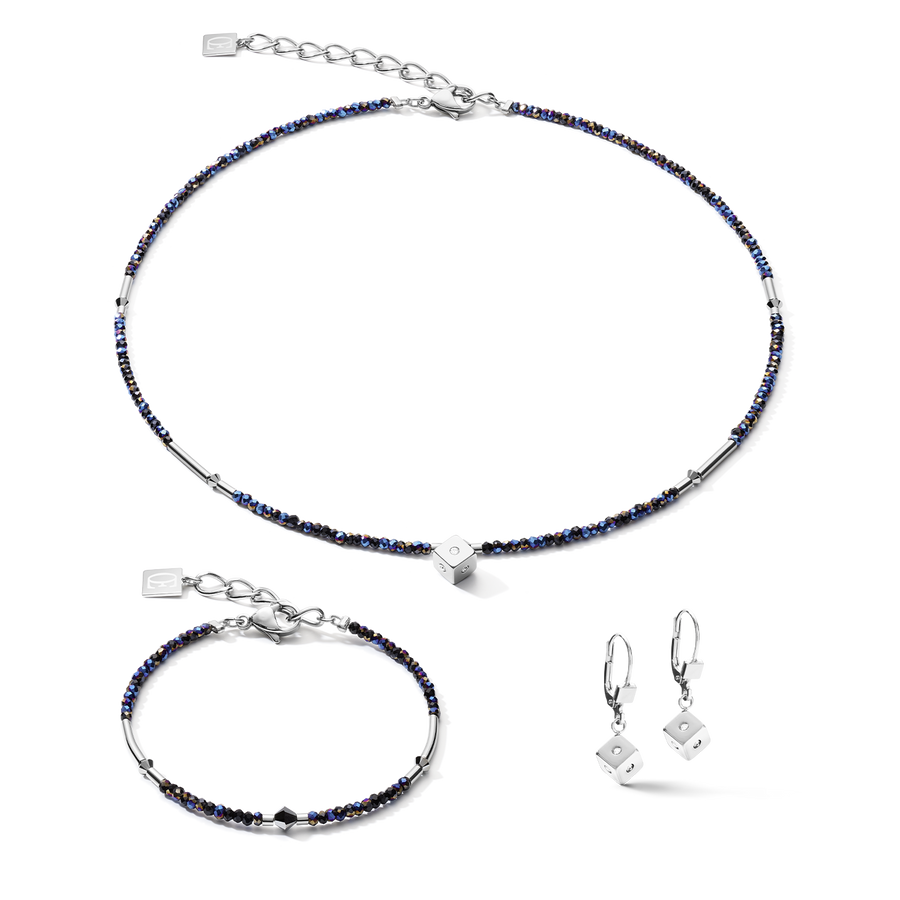 Collier Cube Crystal Dot acier inoxydable et verre de cristal bleu nuit-argenté