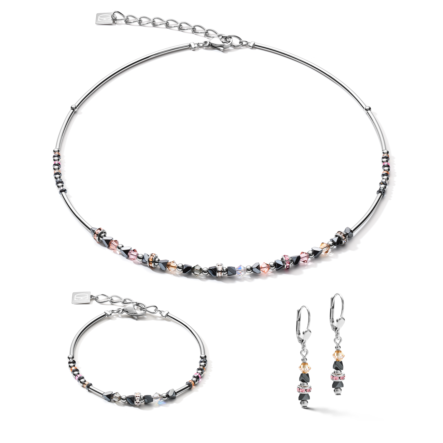 Boucles d'oreilles Fine & Edgy Hématite & cristaux & acier inoxydable rose pêche