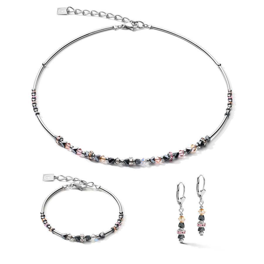 Boucles d'oreilles Fine & Edgy Hématite & cristaux & acier inoxydable rose pêche