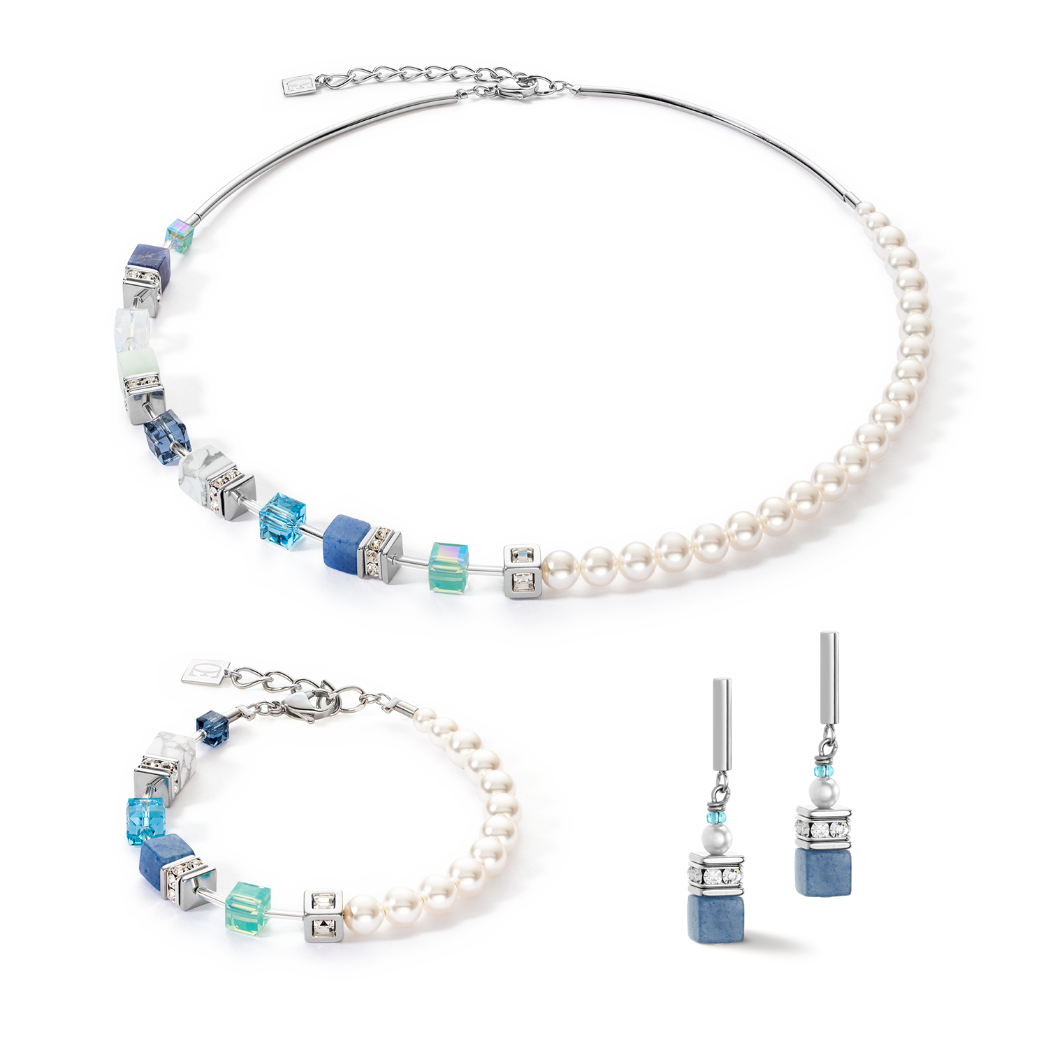Boucles d'oreille GeoCUBE® Precious Fusion Pearls aqua bleu