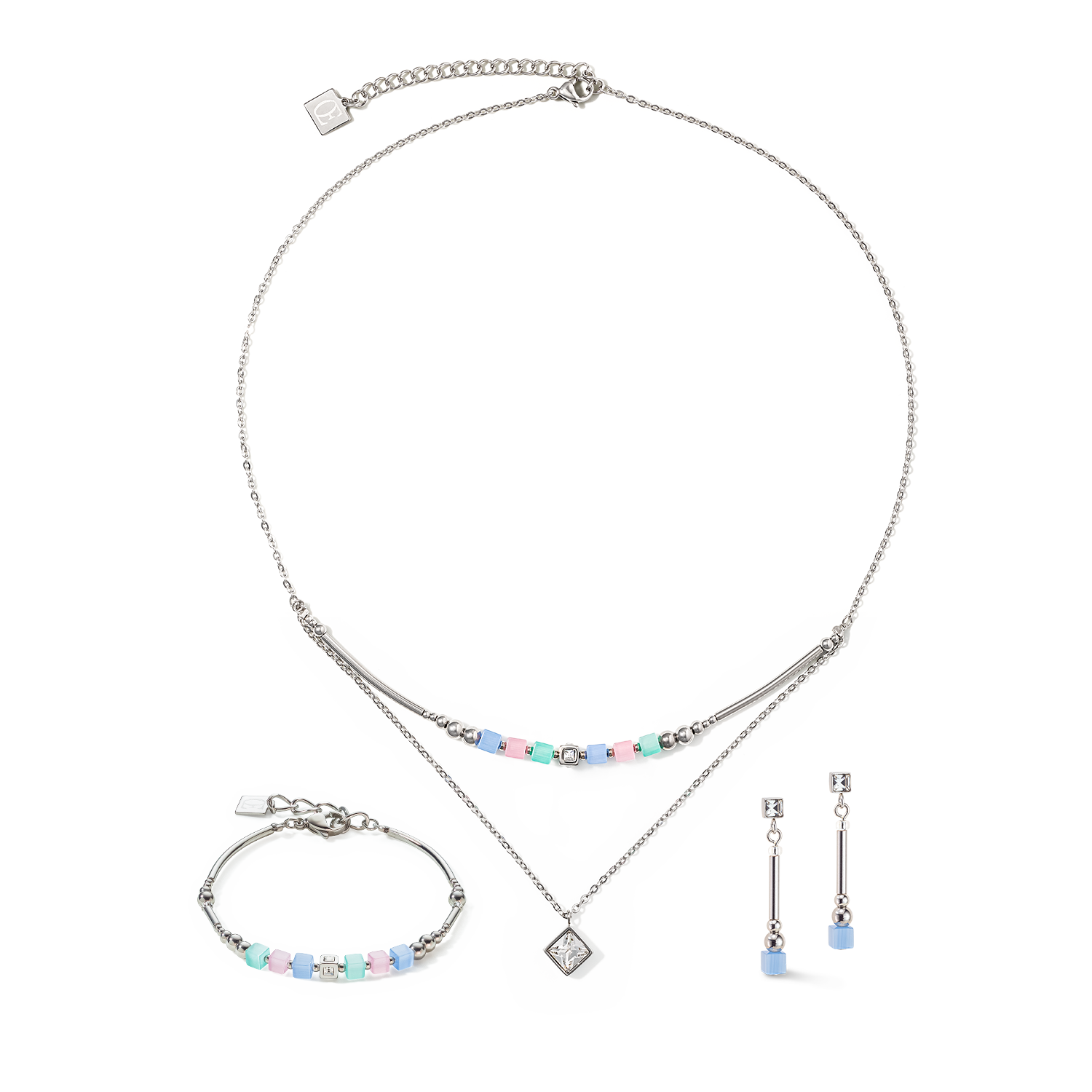 Boucles d'oreille Brilliant Square Layer argent bleu clair rose