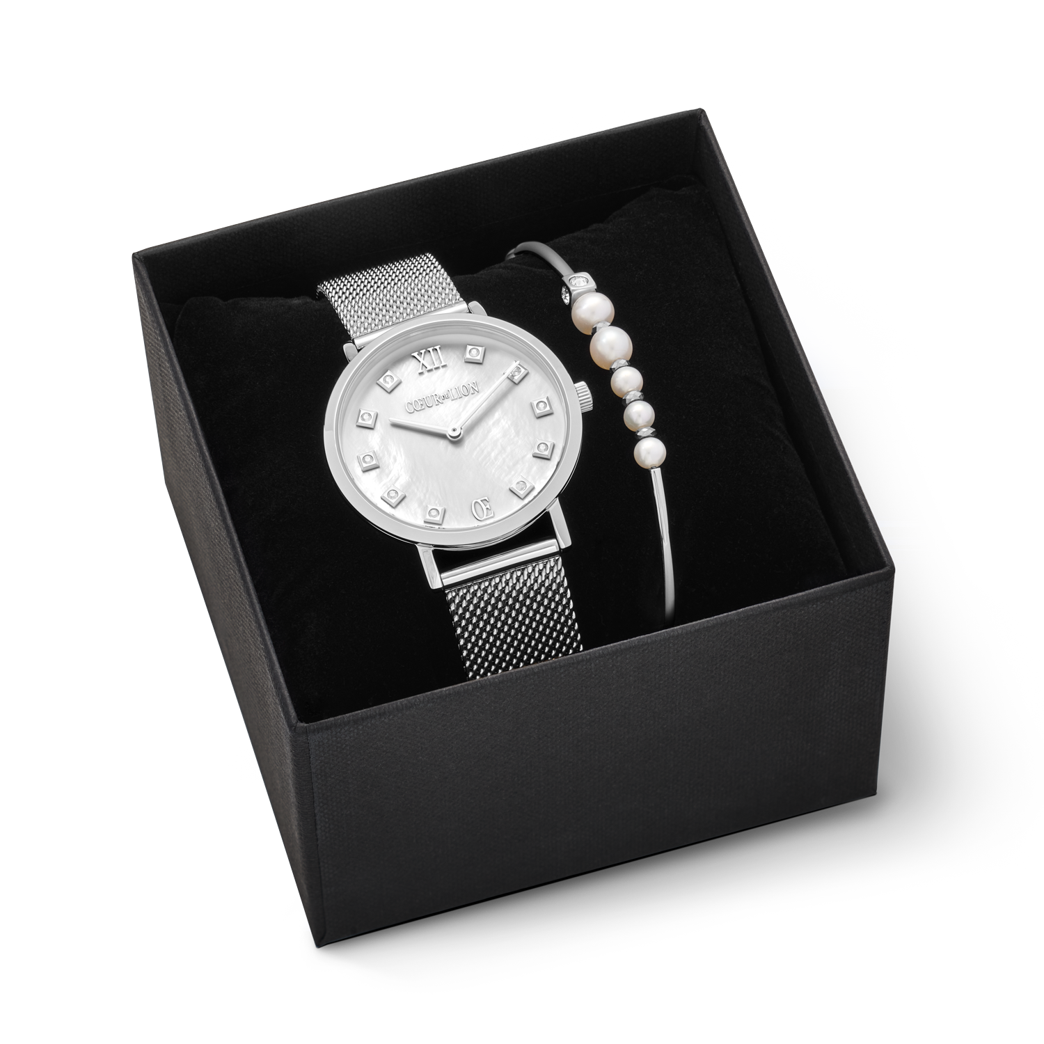 Coffret Cadeau Montre Ronde Nacre Milanaise & Bracelet Asymétrie Perles d'eau douce blanc-argenté