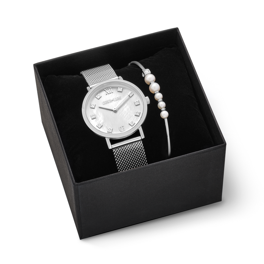 Coffret Cadeau Montre Ronde Nacre Milanaise & Bracelet Asymétrie Perles d'eau douce blanc-argenté