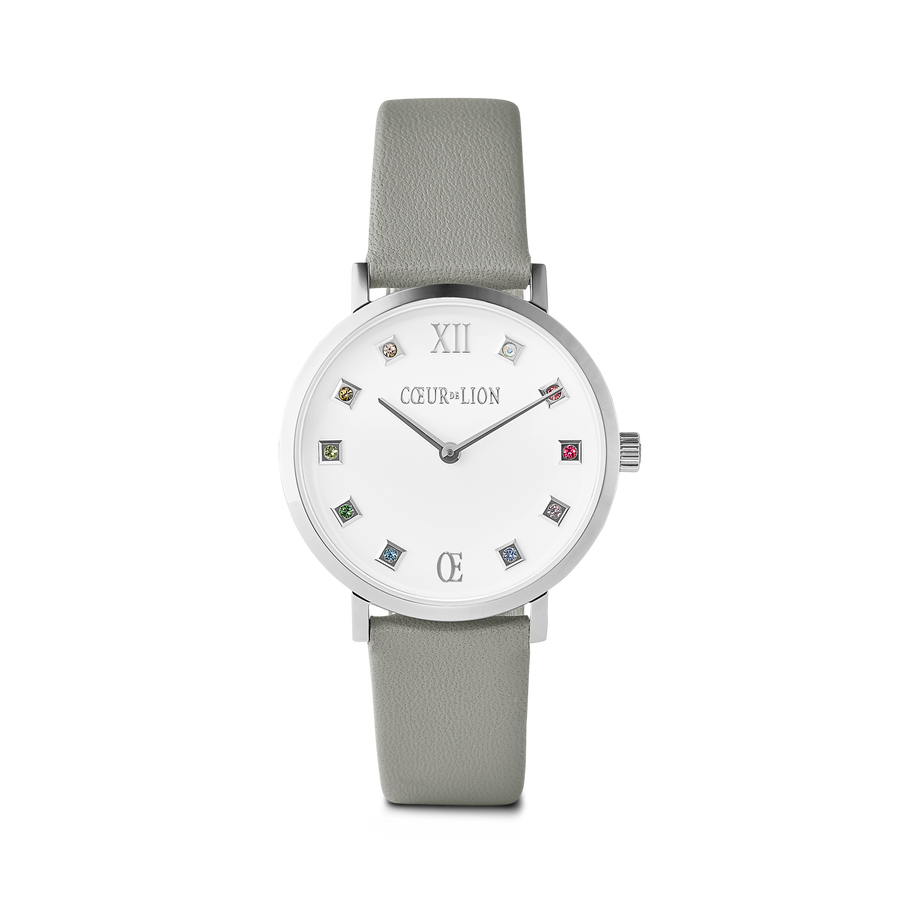Montre Ronde Brilliant White Bracelet Cuir Gris Clair