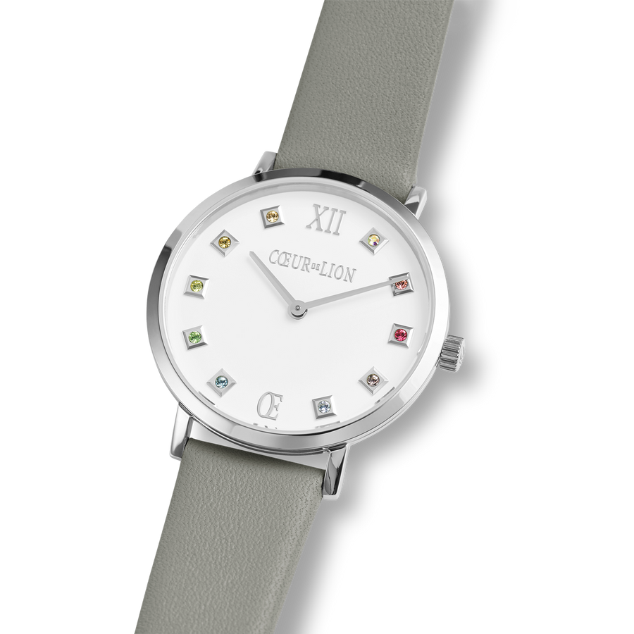 Montre Ronde Brilliant White Bracelet Cuir Gris Clair