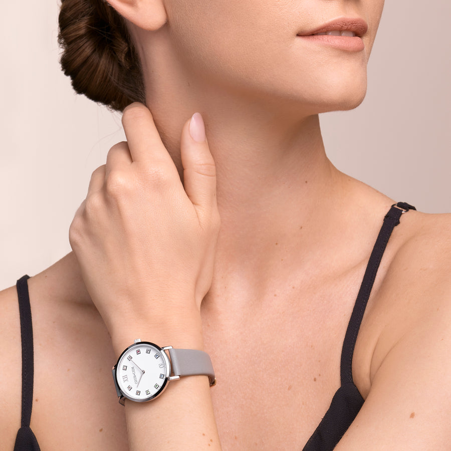 Montre Ronde Brilliant White Bracelet Cuir Gris Clair
