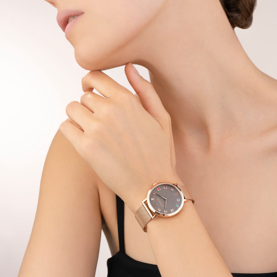 Montre Ronde Mocca Mat Milanaise Acier Inoxydable Or Rose