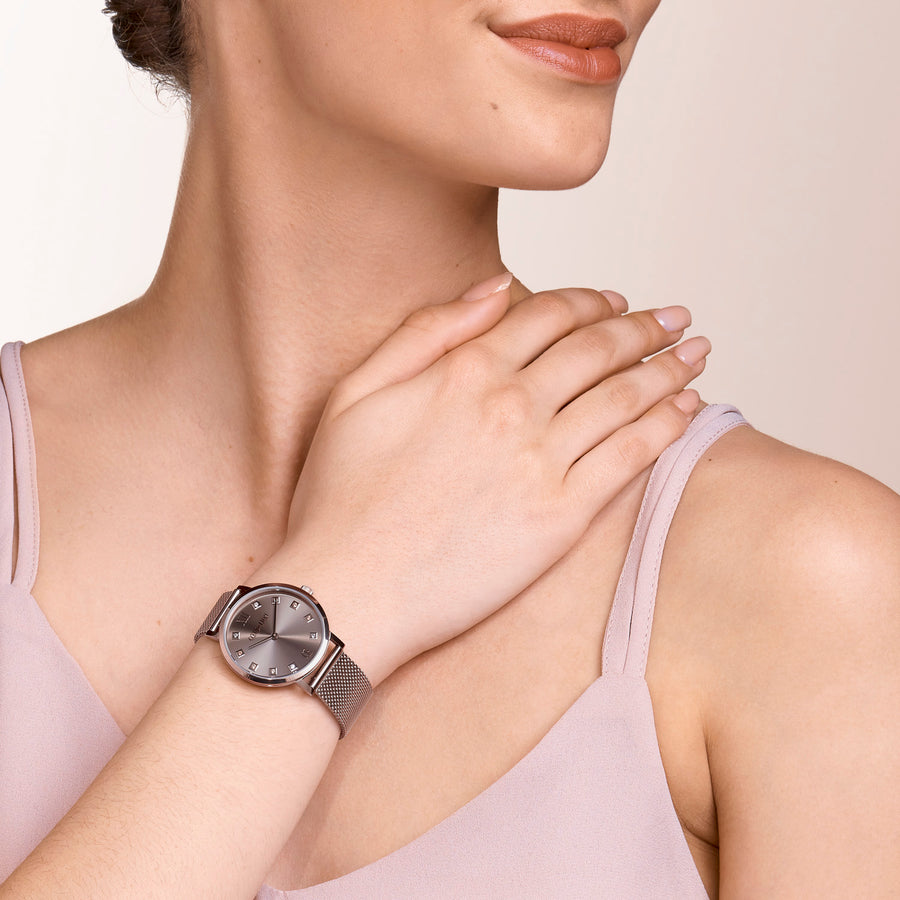 Montre Ronde Champagne Sunray Milanaise Acier Inoxydable Champagne