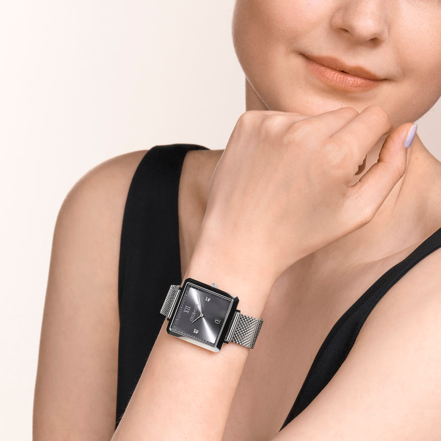 Montre Iconic Square Graphite Sunray Milanaise Acier Inoxydable