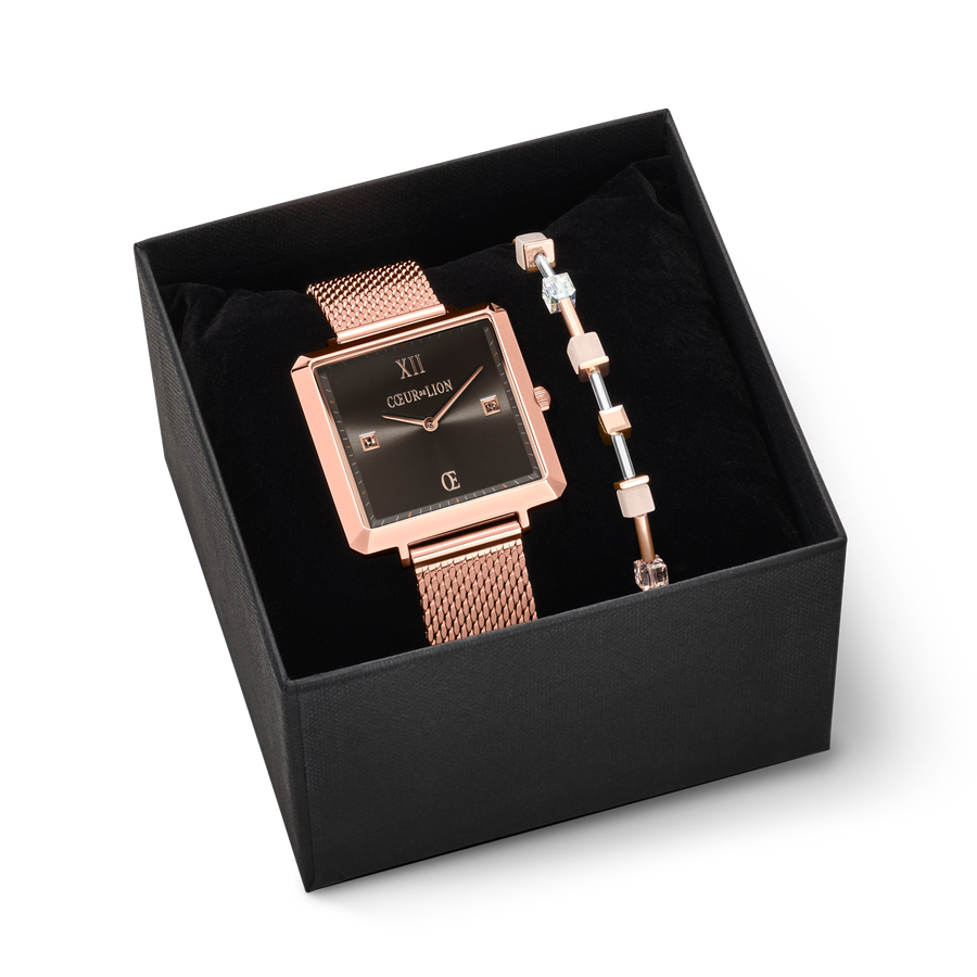 Coffret Cadeau Montre Iconic Square Mocca Sunray Milanaise & Bracelet GeoCUBE® aventurine or rose pêche