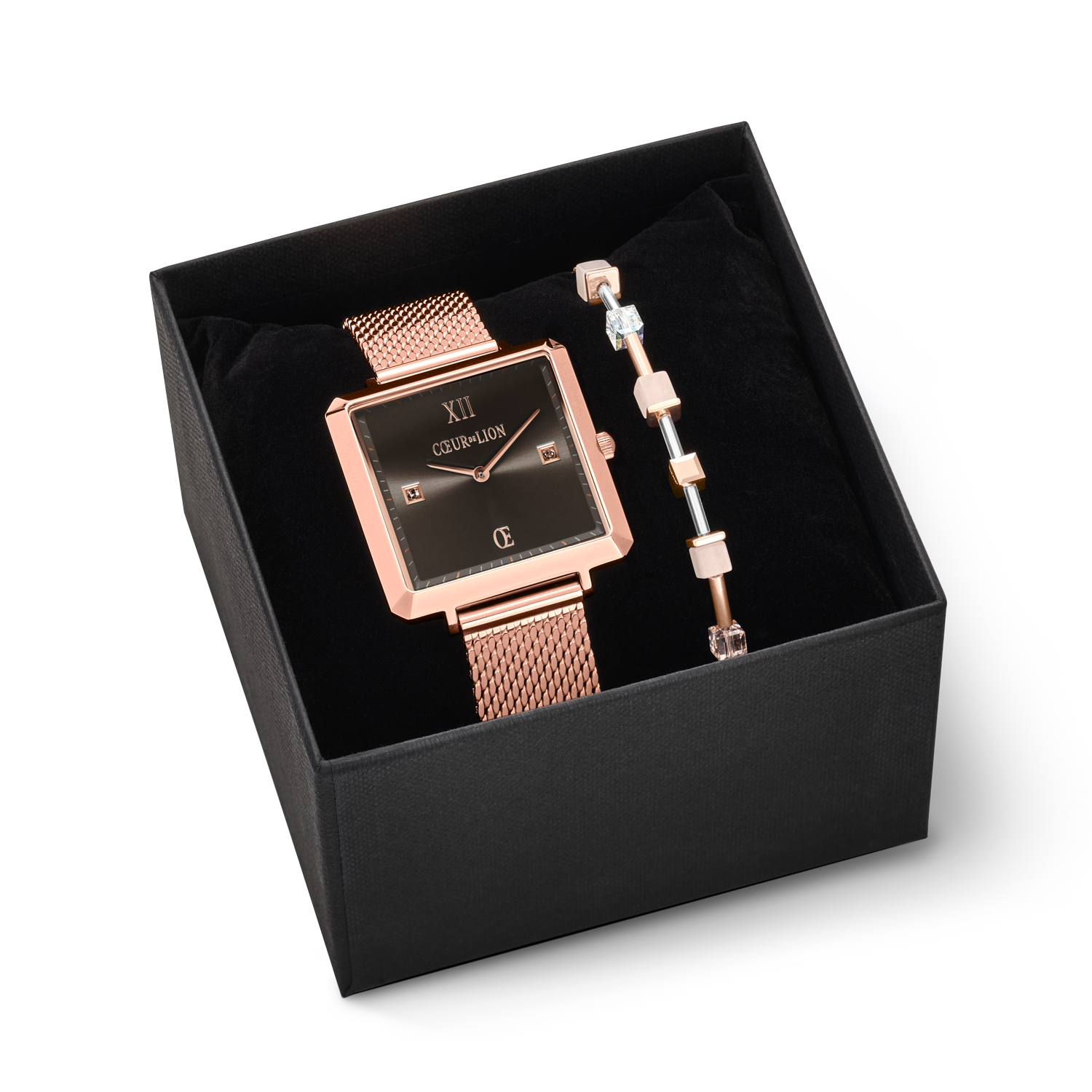Coffret Cadeau Montre Iconic Square Mocca Sunray Milanaise & Bracelet GeoCUBE® aventurine or rose pêche