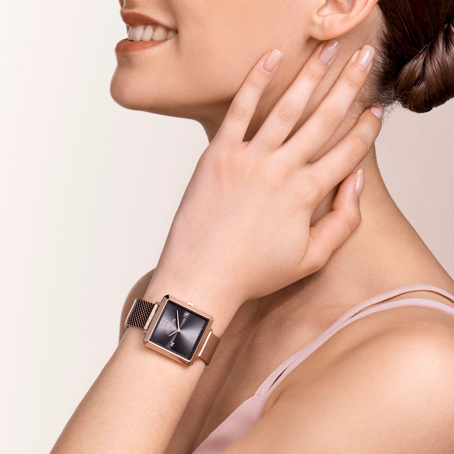 Montre Iconic Square Mocca Sunray Milanaise Acier Inoxydable Or Rose