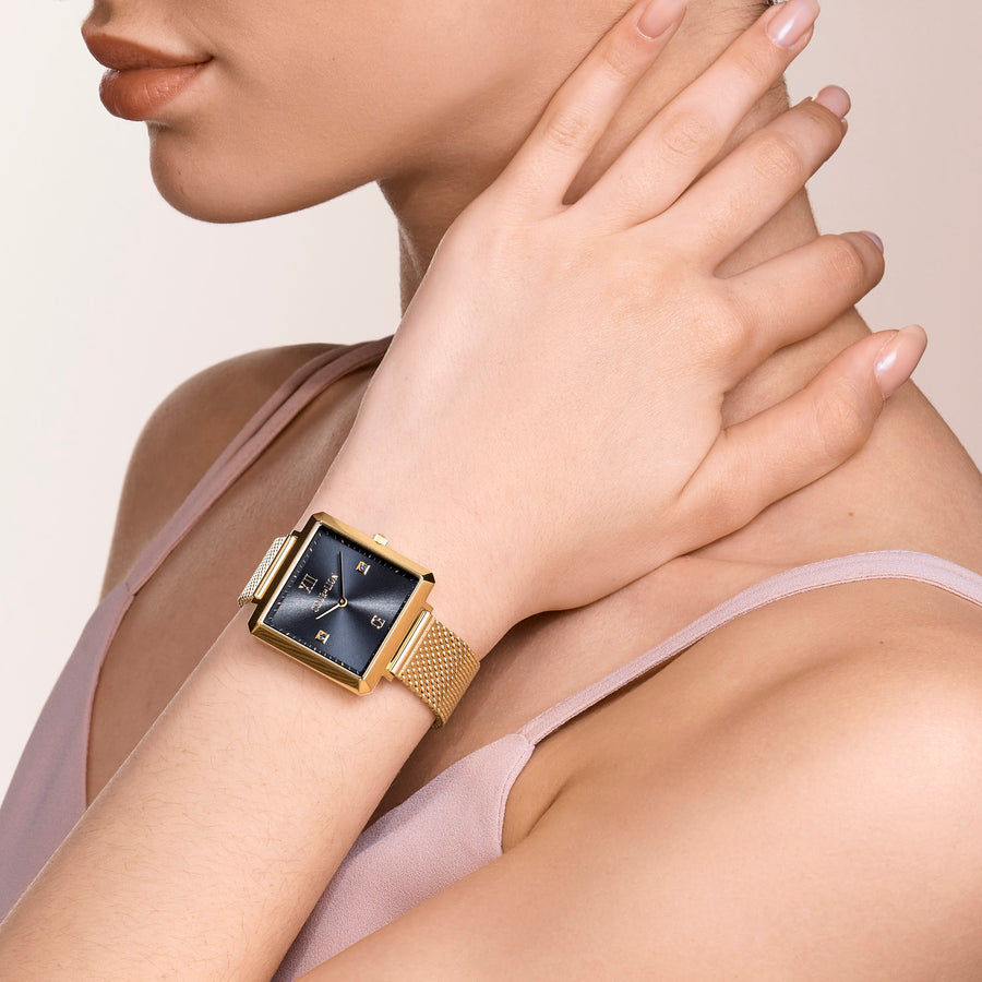Montre Iconic Square Midnight Blue Sunray Milanaise Acier Inoxydable Or