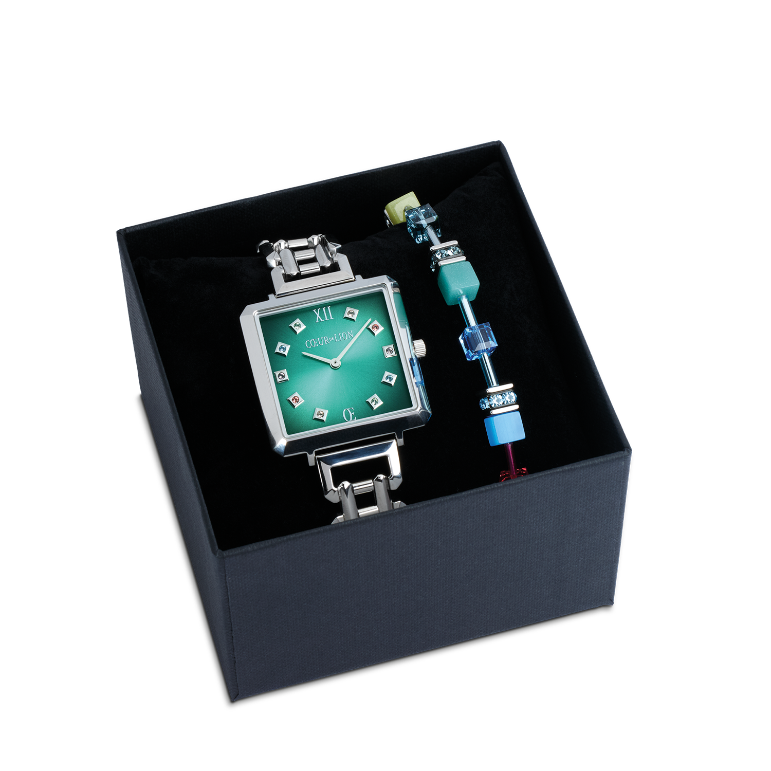 Coffret Cadeau Montre Iconic Cube Turquoise Glaze argent & Bracelet GeoCUBE® Iconic Magic argent