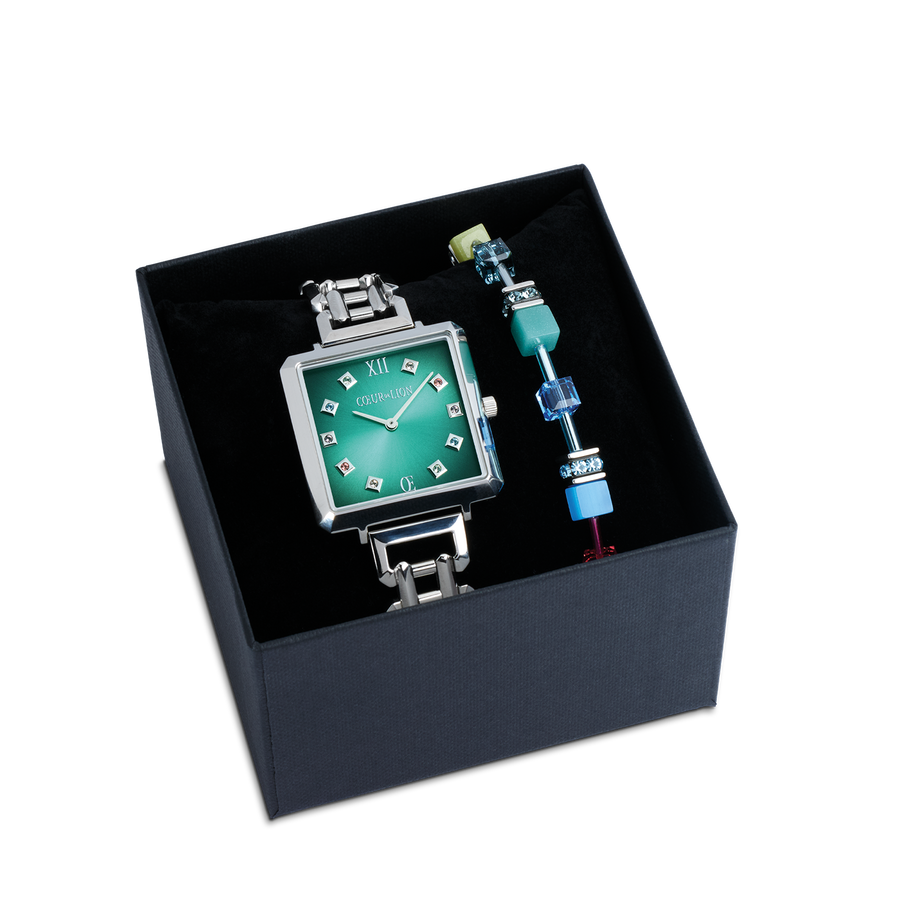 Coffret Cadeau Montre Iconic Cube Turquoise Glaze argent & Bracelet GeoCUBE® Iconic Magic argent