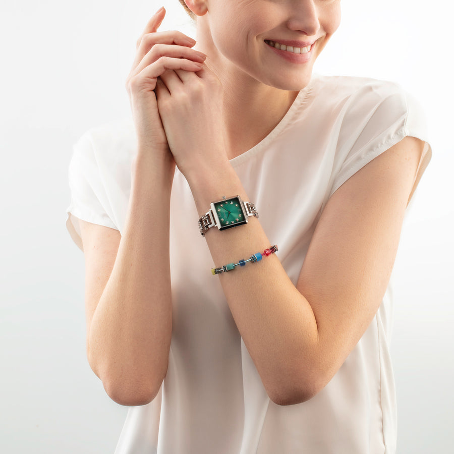 Coffret Cadeau Montre Iconic Cube Turquoise Glaze argent & Bracelet GeoCUBE® Iconic Magic argent