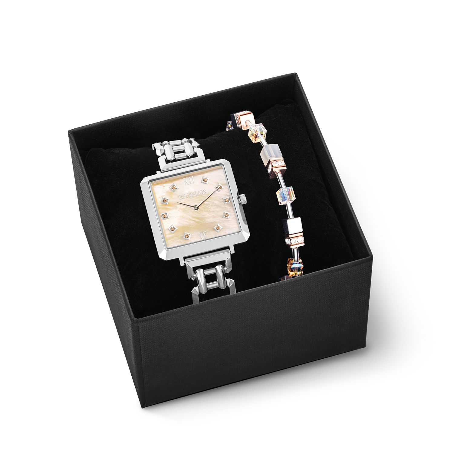 Coffret Cadeau Montre Iconic Cube Apricot Crush Argent & Bracelet GeoCUBE® Iconic Apricot Crush