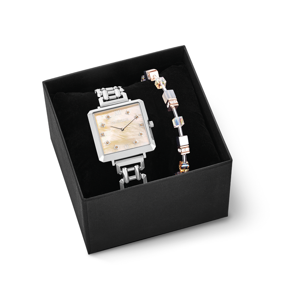 Coffret Cadeau Montre Iconic Cube Apricot Crush Argent & Bracelet GeoCUBE® Iconic Apricot Crush