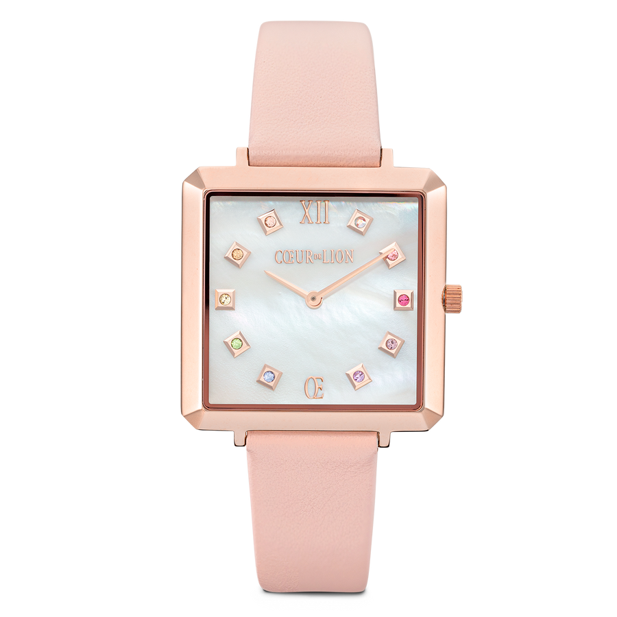 Montre Iconic Square Nacre Or Rose Bracelet Cuir Romantic Rose