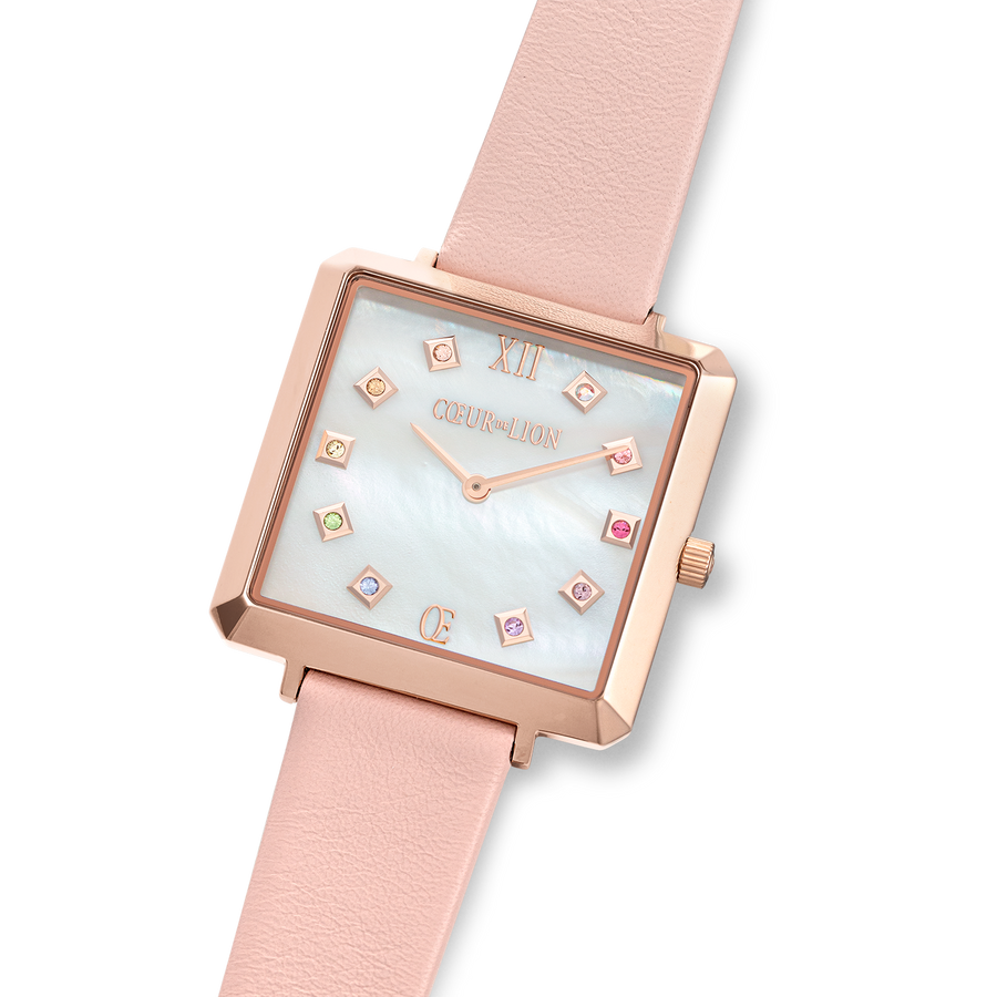 Montre Iconic Square Nacre Or Rose Bracelet Cuir Romantic Rose
