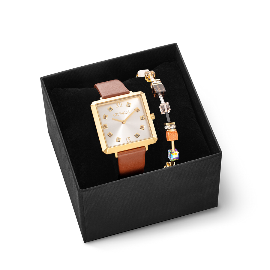 Coffret Cadeau Montre Iconic Square Or Classy Brun & Bracelet GeoCUBE® Iconic Precious Brun
