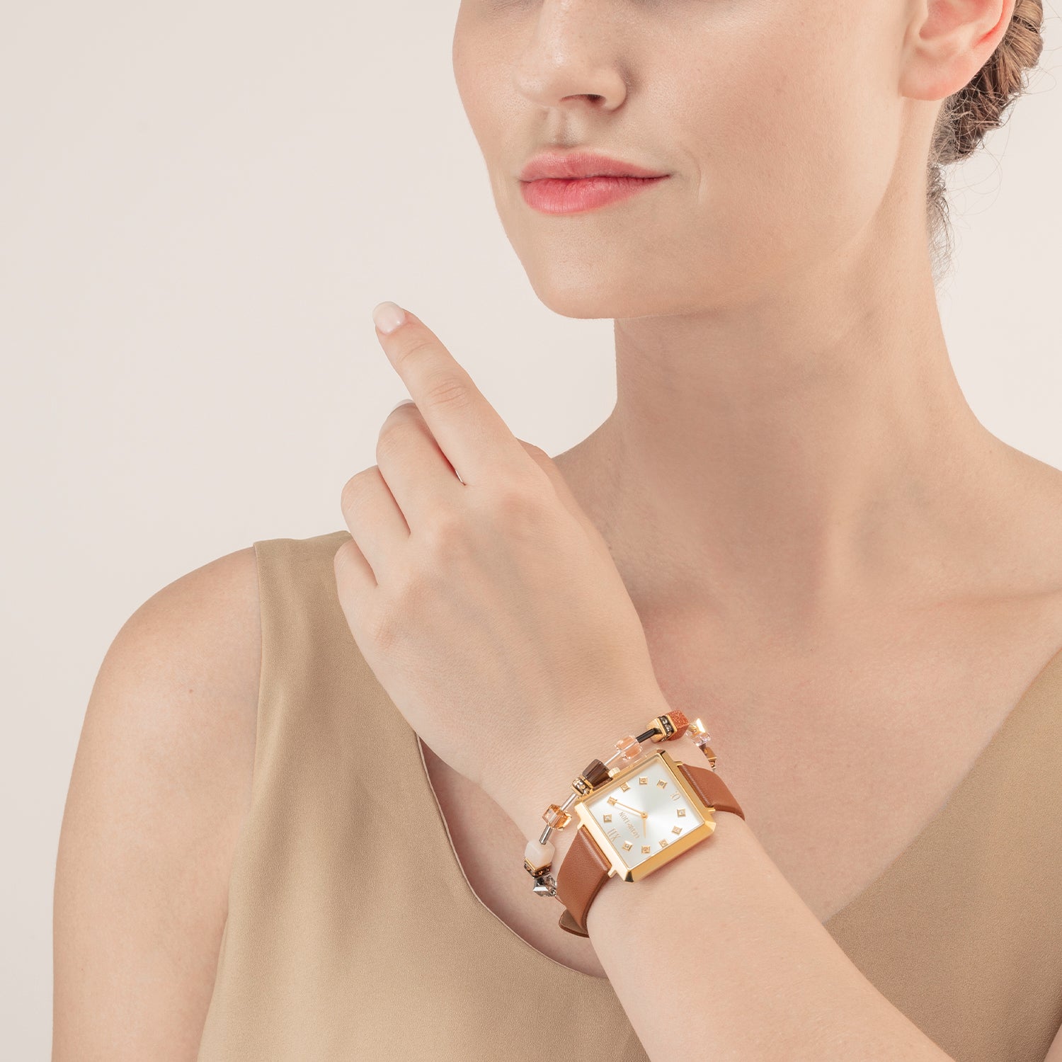 Coffret Cadeau Montre Iconic Square Or Classy Brun & Bracelet GeoCUBE® Iconic Precious Brun