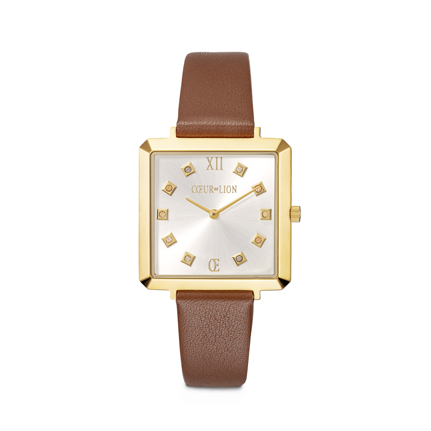 Montre Iconic Square Gold White Sunray Bracelet Cuir Classy Brun