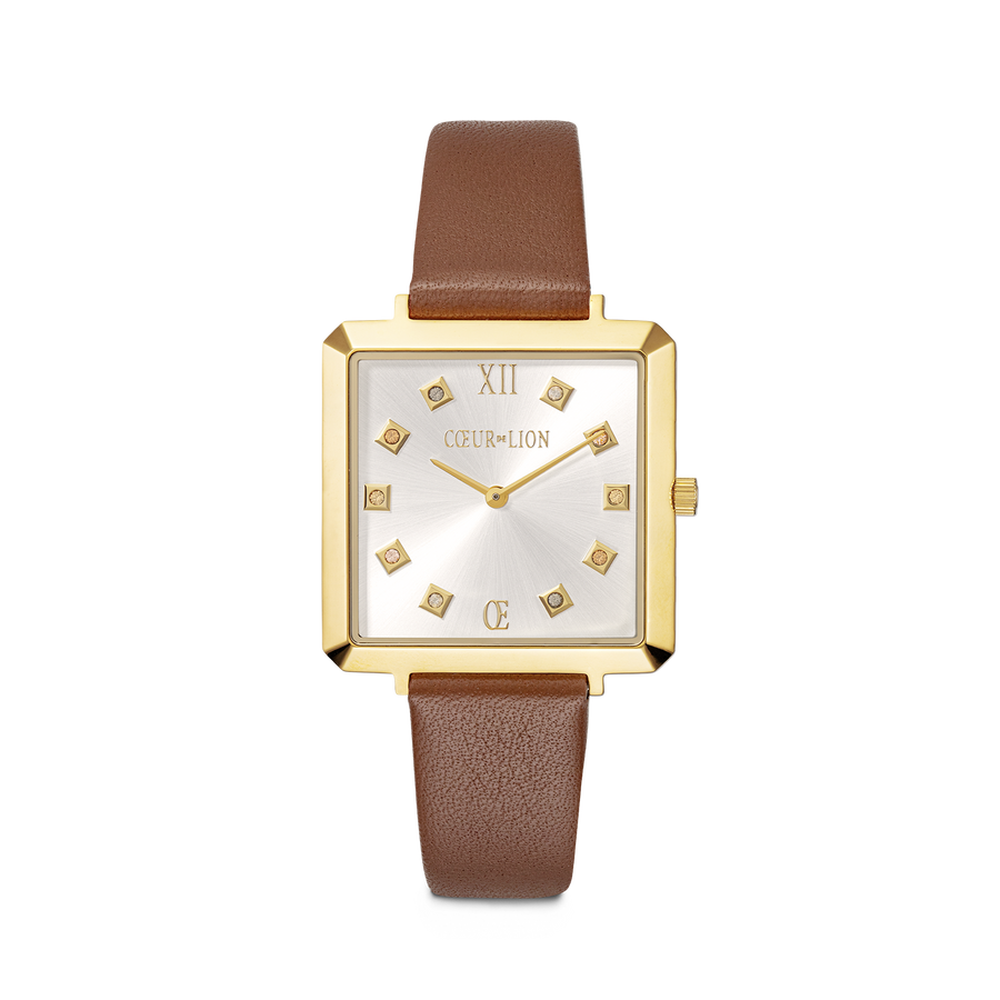 Montre Iconic Square Gold White Sunray Bracelet Cuir Classy Brun