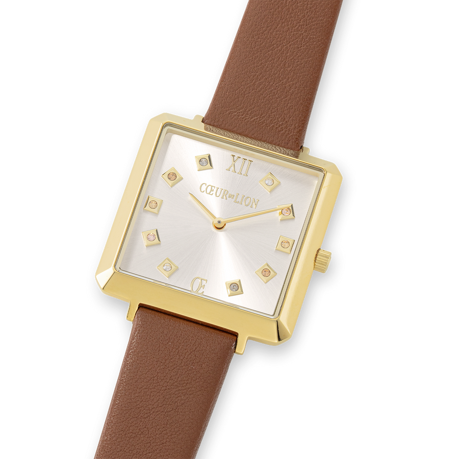 Montre Iconic Square Gold White Sunray Bracelet Cuir Classy Brun