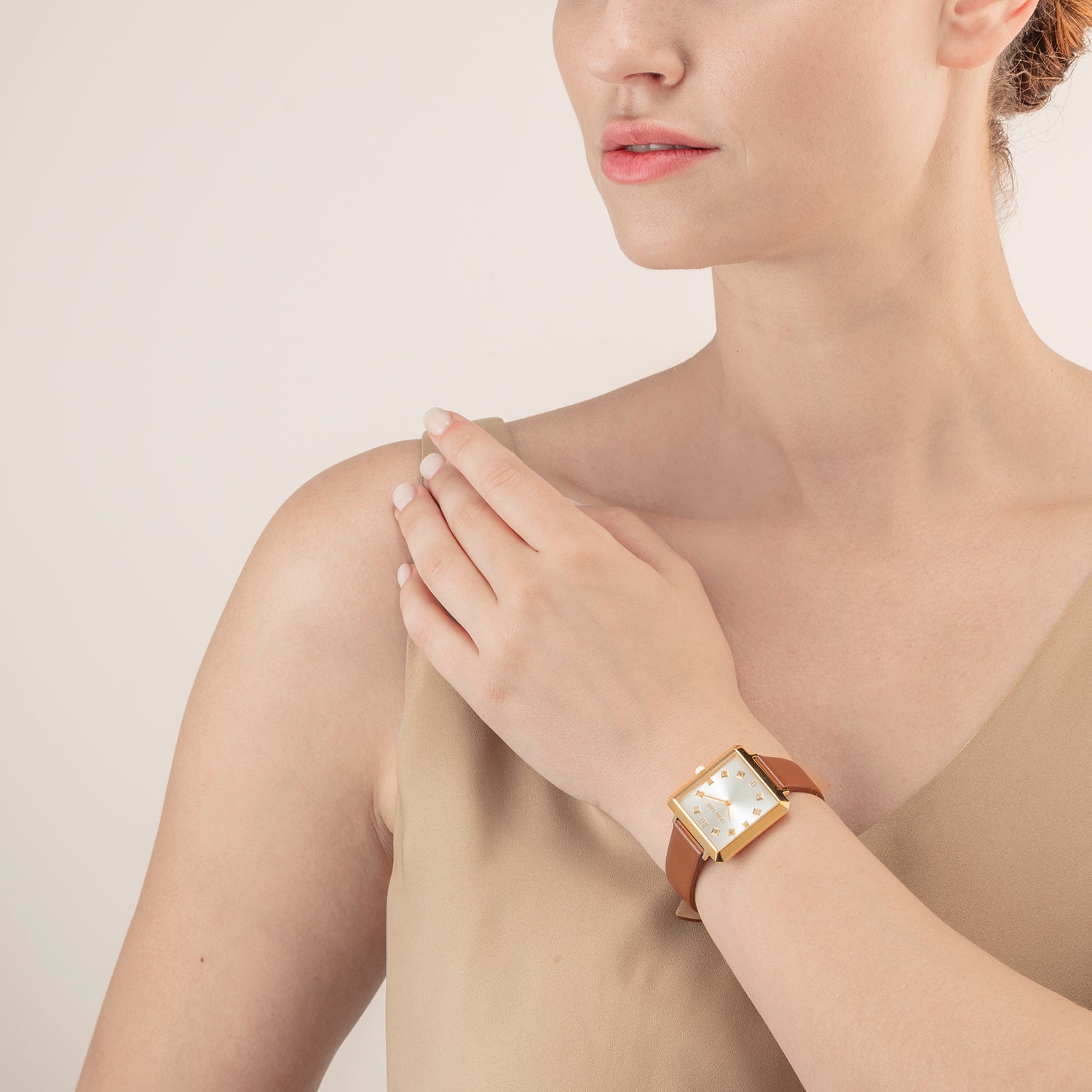 Montre Iconic Square Gold White Sunray Bracelet Cuir Classy Brun