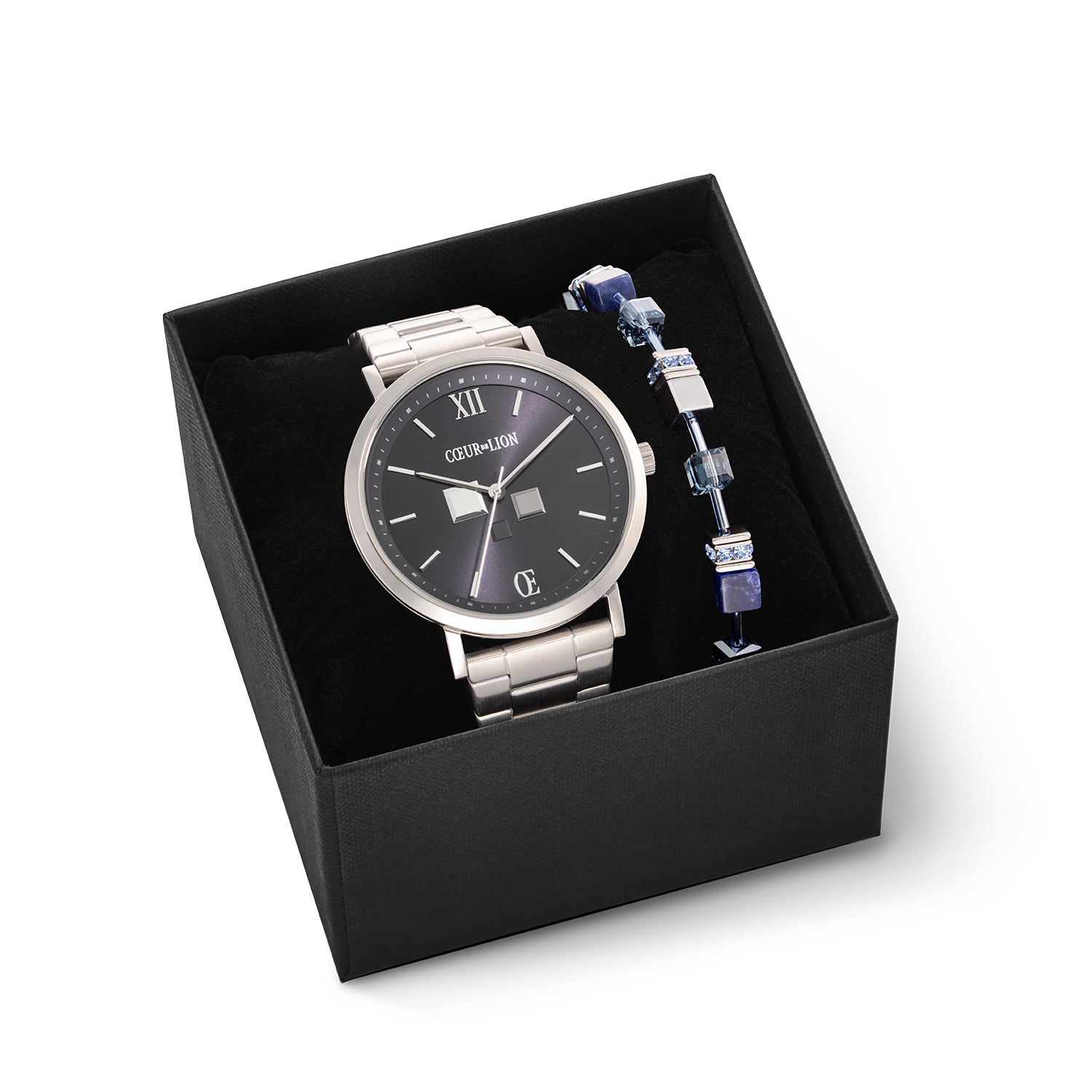 Coffret Cadeau Montre Ronde Statement Unisex Midnight Blue & Bracelet GeoCUBE® Iconic Precious Bleu