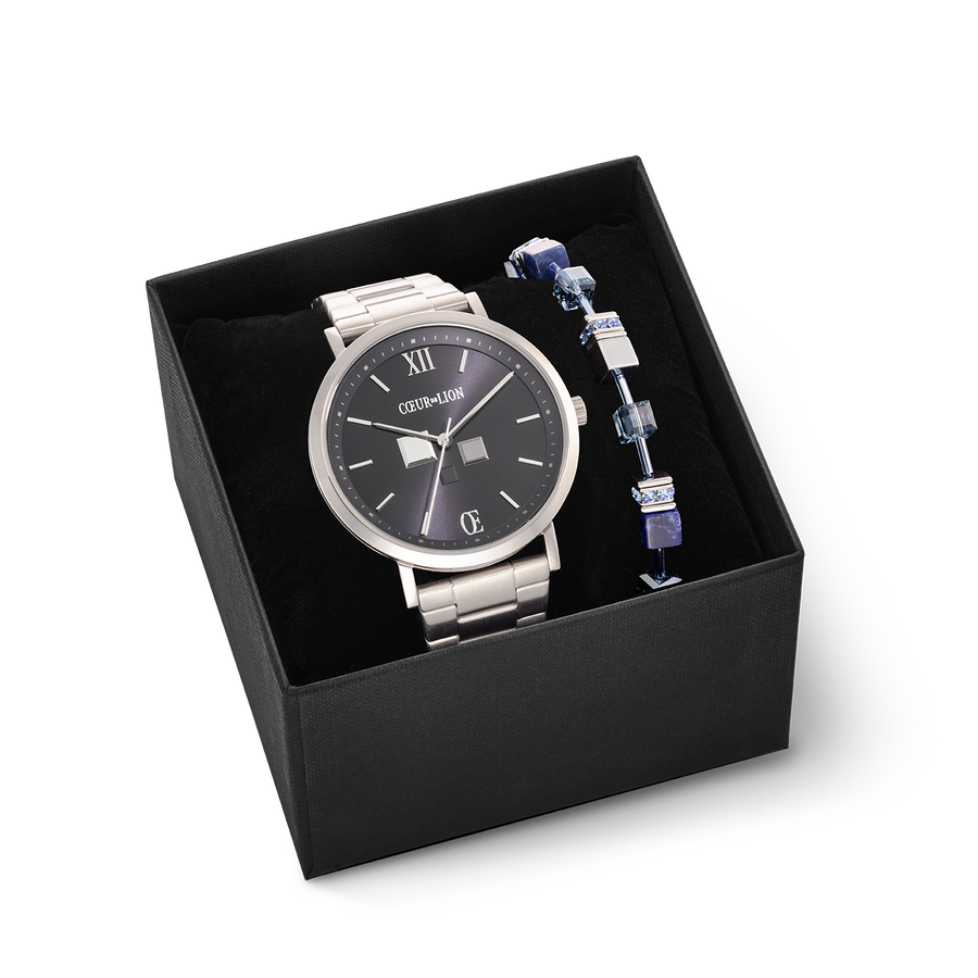 Coffret Cadeau Montre Ronde Statement Unisex Midnight Blue & Bracelet GeoCUBE® Iconic Precious Bleu