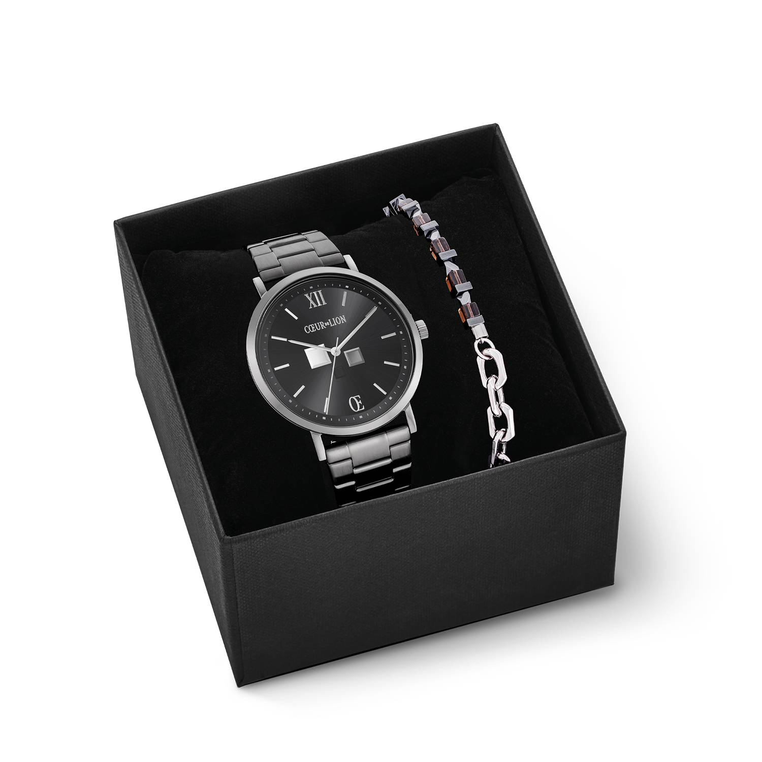 Coffret cadeau Montre Ronde Statement Anthracite Sunray & bracelet Precious Fusion link chain brun-argent