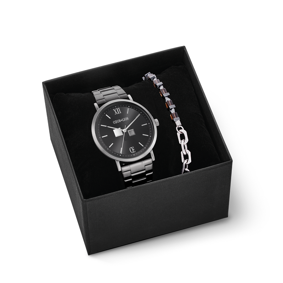 Coffret cadeau Montre Ronde Statement Anthracite Sunray & bracelet Precious Fusion link chain brun-argent