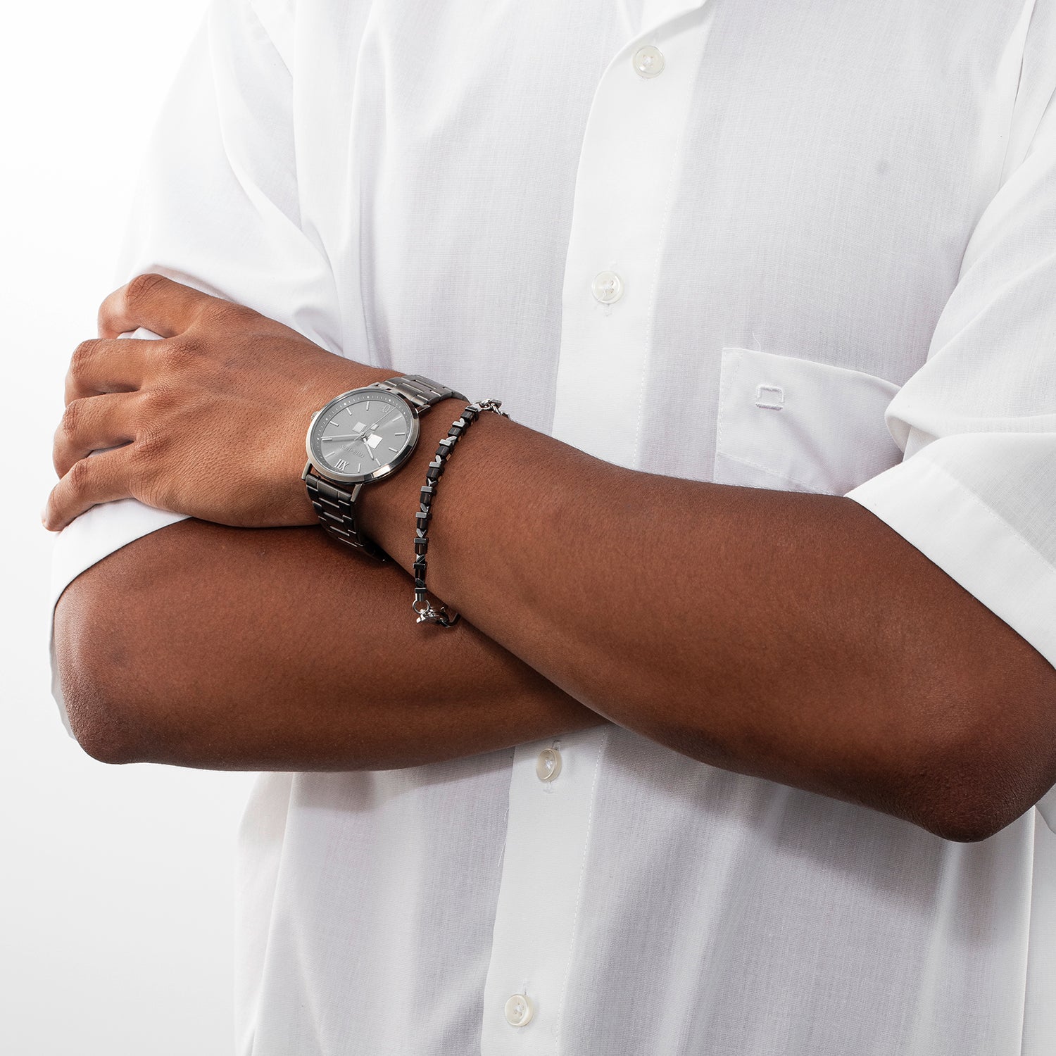 Coffret cadeau Montre Ronde Statement Anthracite Sunray & bracelet Precious Fusion link chain brun-argent