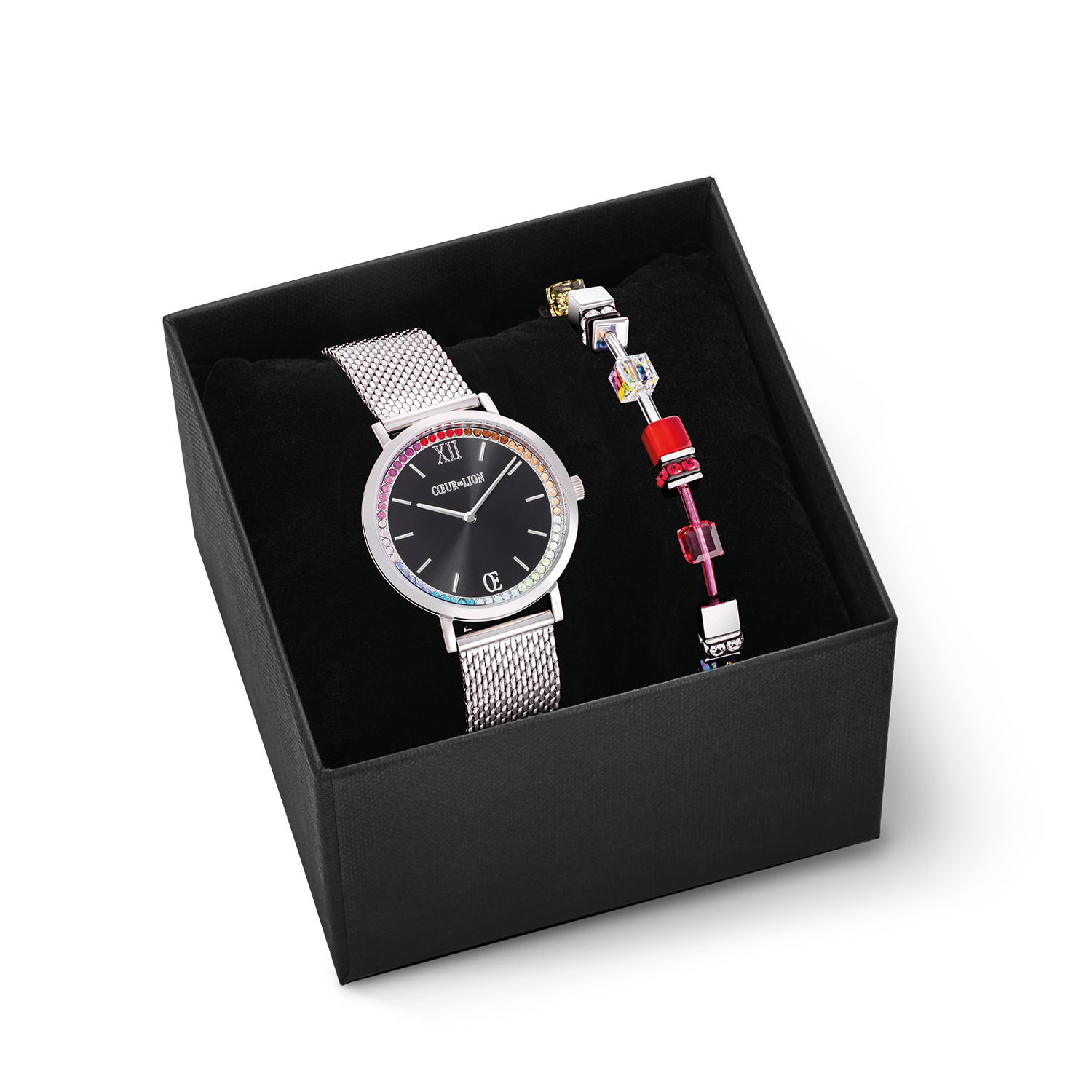 Coffret cadeau Montre Ronde Sparkling Rainbow Sunray Black & bracelet GeoCUBE® Iconic rouge-vert