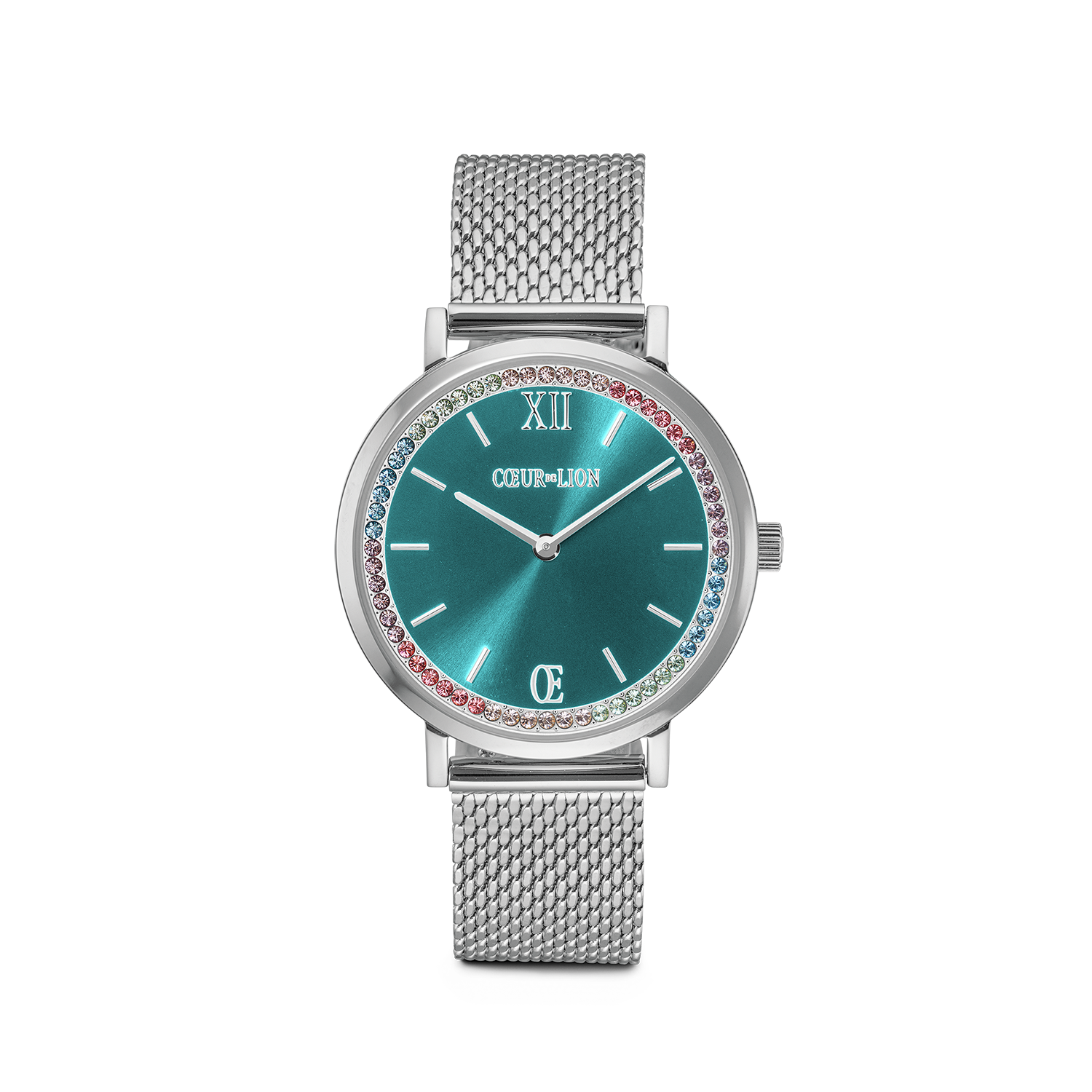 Montre ronde Sparkling Sunray Transformative Teal Milanaise argent