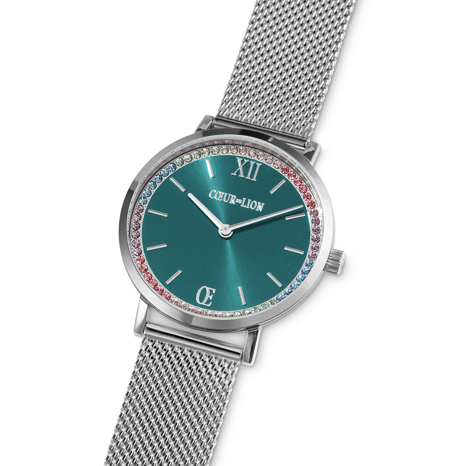 Montre ronde Sparkling Sunray Transformative Teal Milanaise argent