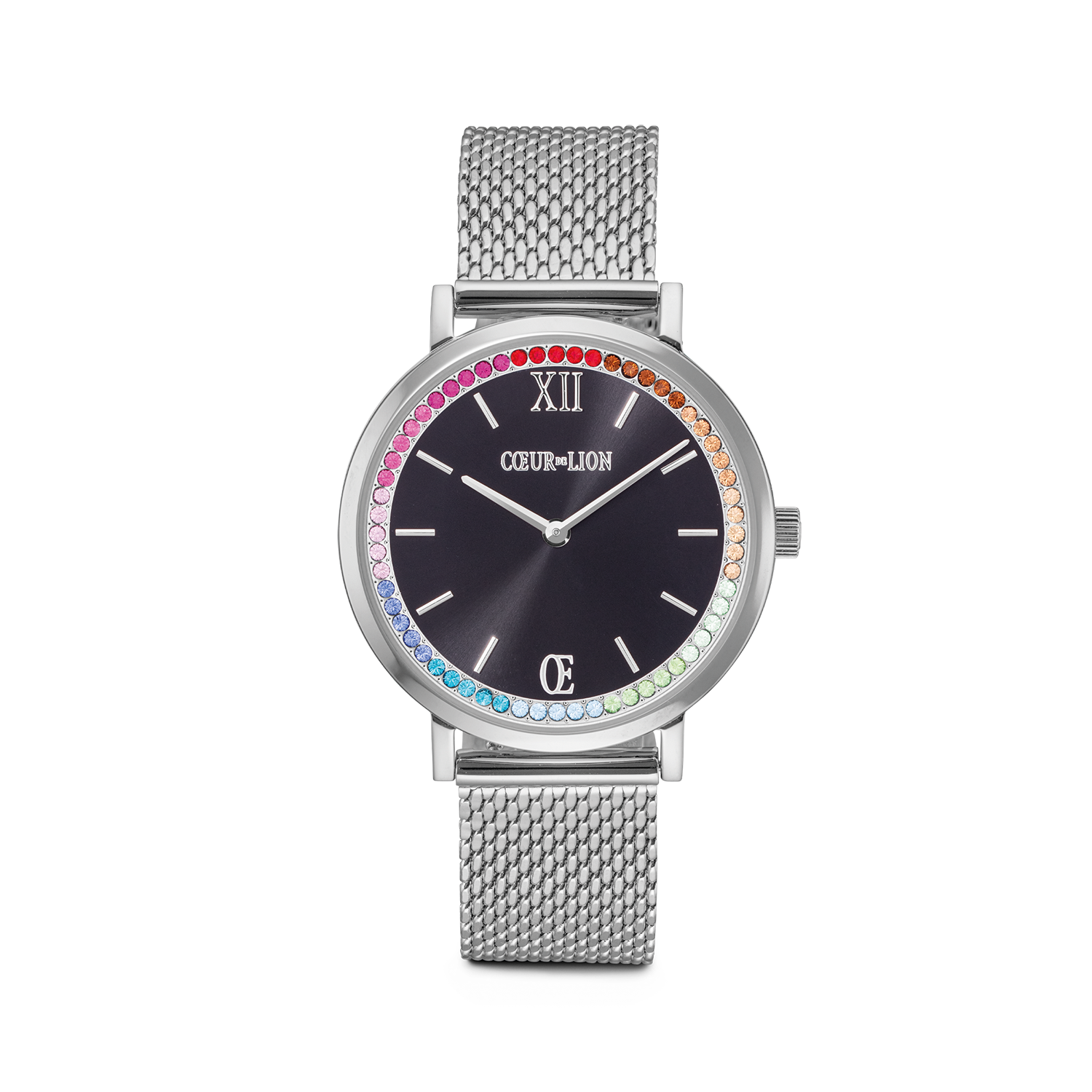 Montre Ronde Sparkling Rainbow Sunray Black Milanaise argent