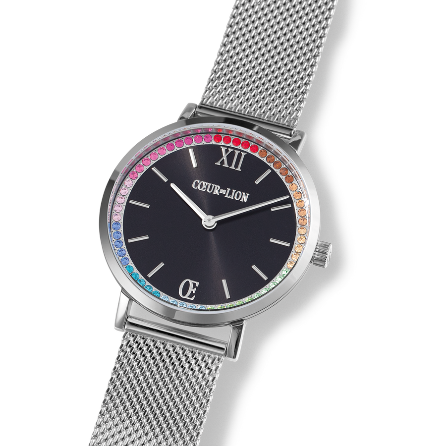 Montre Ronde Sparkling Rainbow Sunray Black Milanaise argent