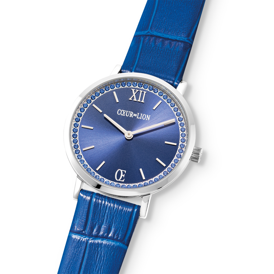Montre Ronde Sparkling Sunray Bracelet Cuir Royal Blue
