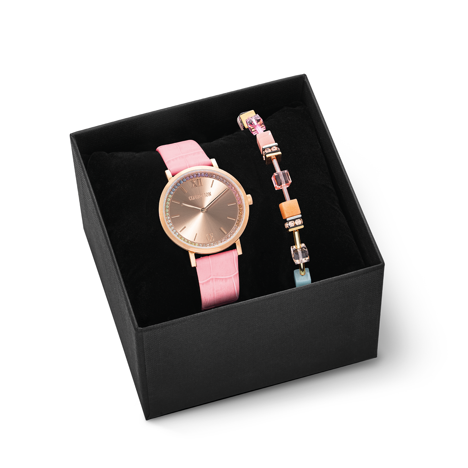 Coffret Cadeau Montre Ronde Pastel Lovers Rose & Bracelet GeoCUBE® Iconic Aqua-Apricot