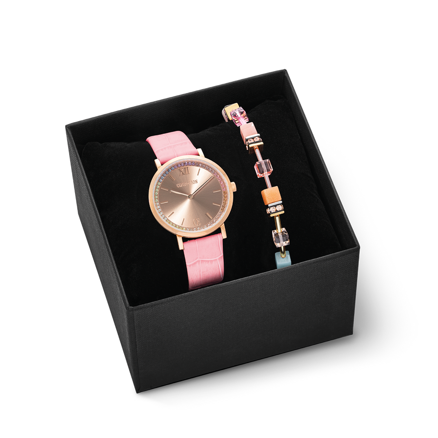 Coffret Cadeau Montre Ronde Pastel Lovers Rose & Bracelet GeoCUBE® Iconic Aqua-Apricot