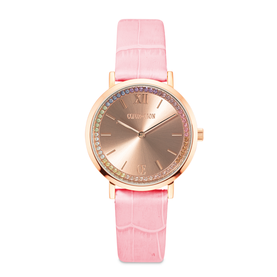 Montre Ronde Pastel Lovers Or Rose Bracelet Cuir Rose