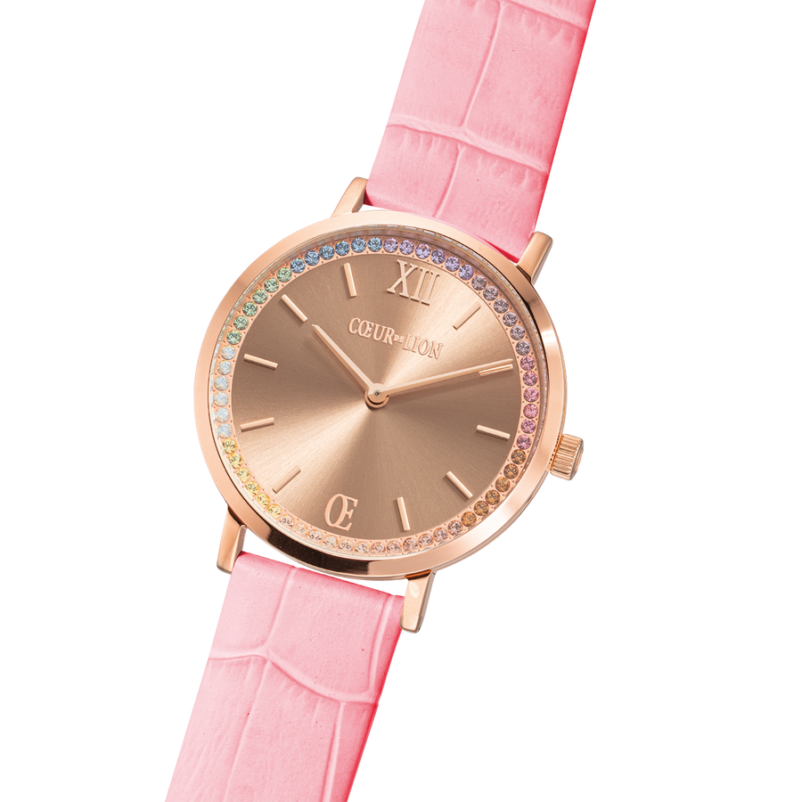 Montre Ronde Pastel Lovers Or Rose Bracelet Cuir Rose
