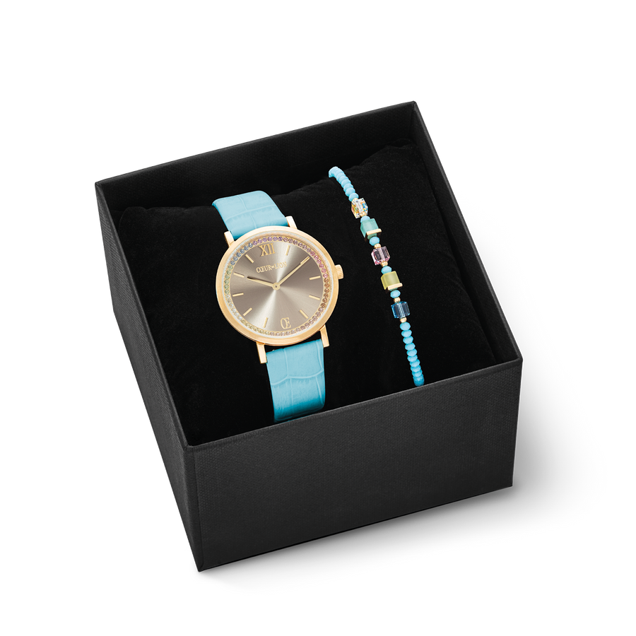 Coffret Cadeau Montre Ronde Pastel Lovers Bleu & Joyful Colours Bracelet Turquoise-Multicolor